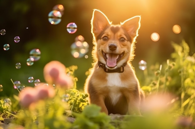 空気中に泡を立てて草の中に座っている犬