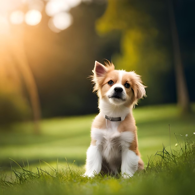 A dog sitting in the grass with the sun shining on it.