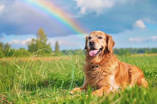 Dog sitting on green grass in the middle of the field and rainbow in the sky