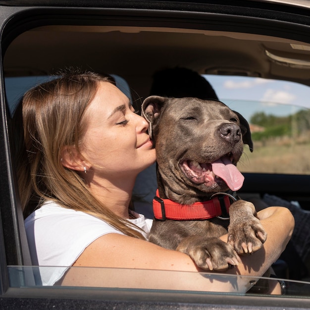 Photo dog sitting on its owners lap while traveling