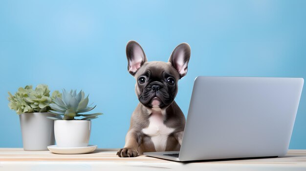 a dog sitting behind a laptop