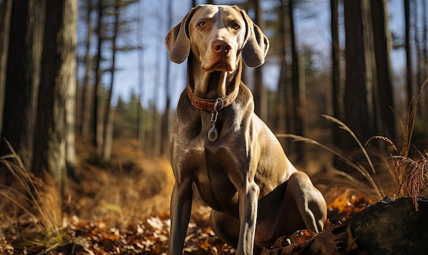 Dog Sitting in Leaves in Woods