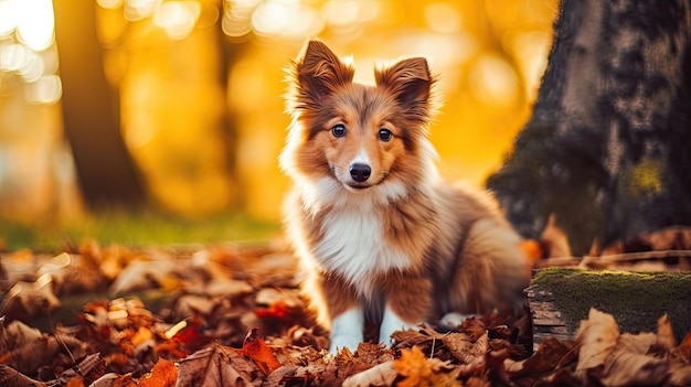 葉っぱの中に座っている犬