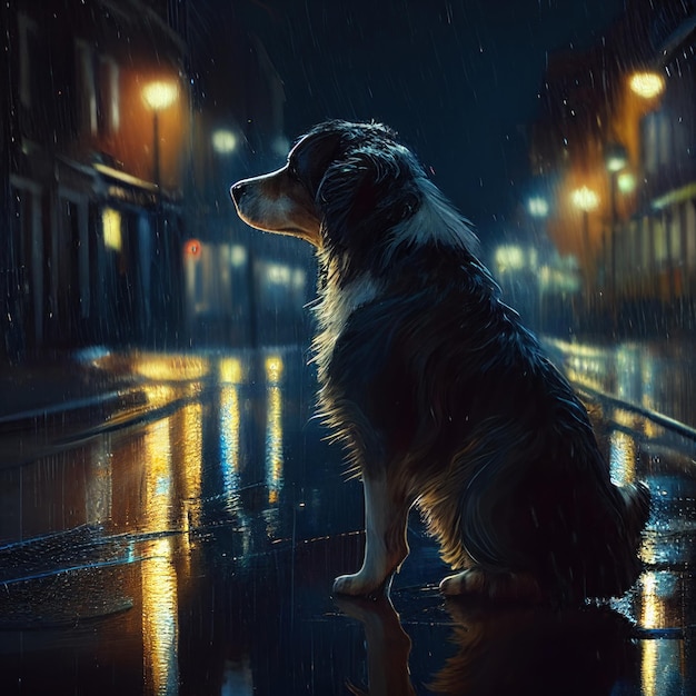 Dog sitting outside in the rain by Generative AI