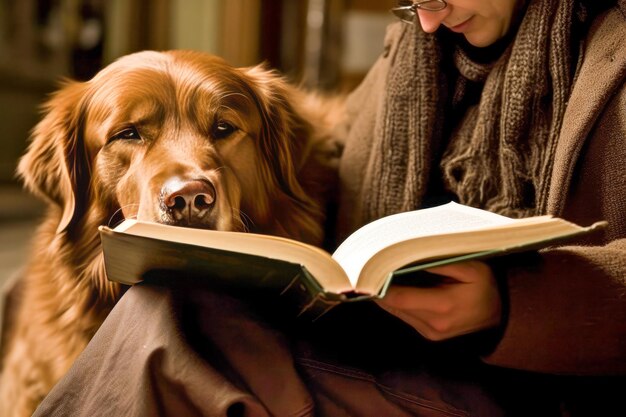 Foto un cane seduto accanto a una persona che legge un libro