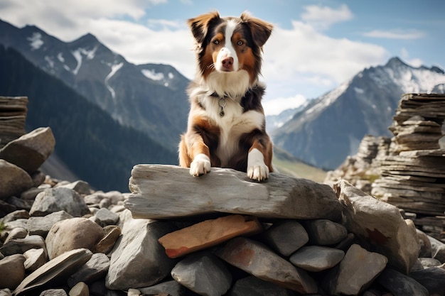 山 の ペット の 石 に 座っ て いる 犬