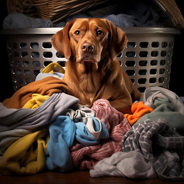 Foto un cane seduto in un mucchio di vestiti