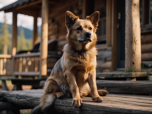 Foto un cane seduto sul portico di una capanna di legno