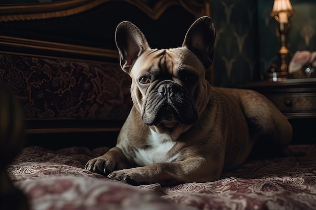 Photo dog sitting resting attentive on a bed generative ai