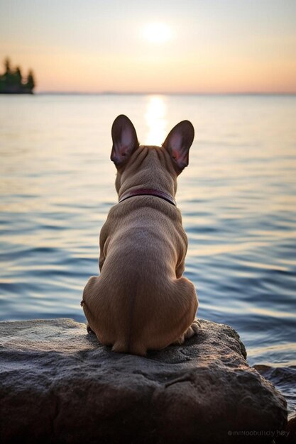 Photo a dog sitting on a rock looking out at the water