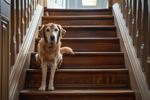 Собака сидит на лестнице.