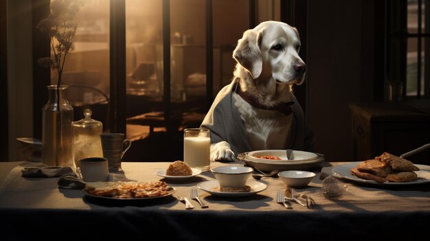 Photo a dog sitting at small table as if having background