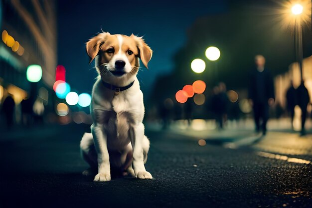 A dog sitting on the street with the lights on.