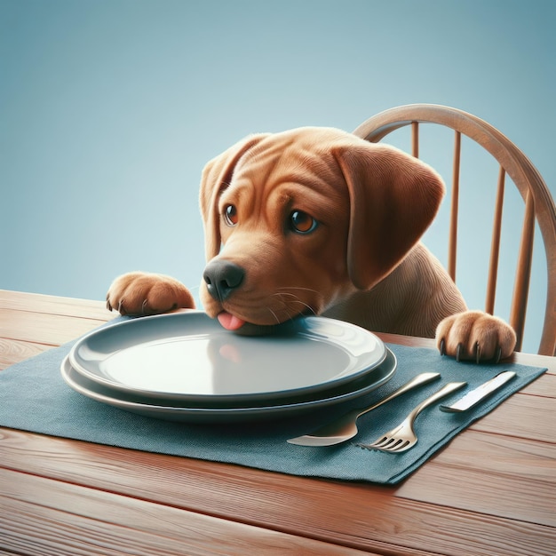 A dog sitting at a table near a plate