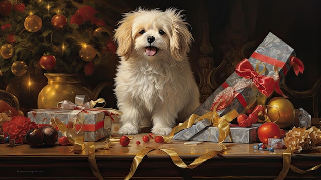 Dog Sitting on Table Surrounded by Christmas Decorations Happy New Year