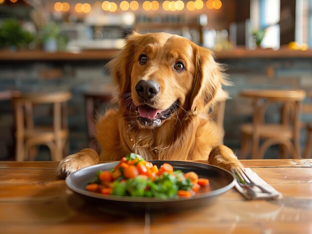 A dog sitting at a table with a plate of food