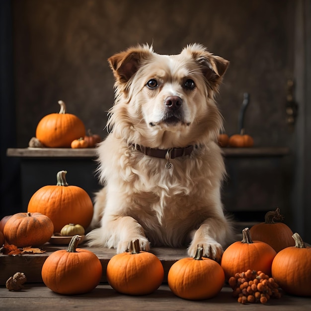 Dog Sitting on Table with Pumpkins