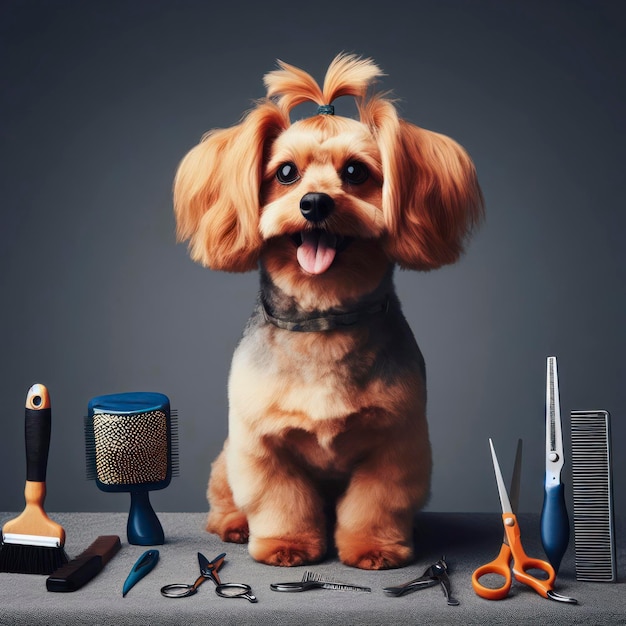 Dog sitting with grooming tools ai generative