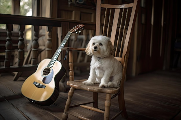 Dog sitting on wooden rocking chair with guitar in its paws created with generative ai