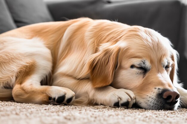 A dog sleeping on the carpet with its eyes closed.