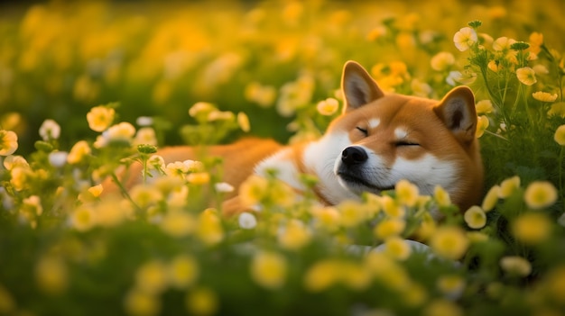 a dog sleeping in a field of flowers