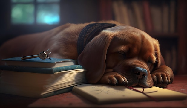 A dog sleeping on a stack of books with a pen and a pen on it.