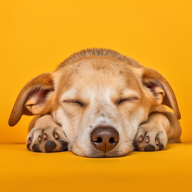 A dog sleeping on a yellow background