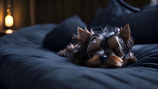 黒い毛布とヨークシャー テリアの文字が描かれたベッドで犬が寝ています。