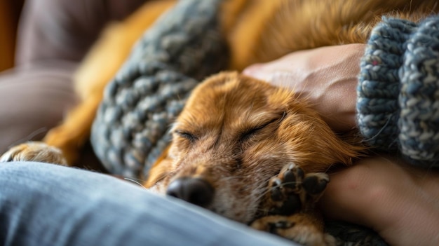 개 한 마리가 주인 에 혀서 잠을 자고, 몸과 얼굴이 서로 밀접하게 여 있다.