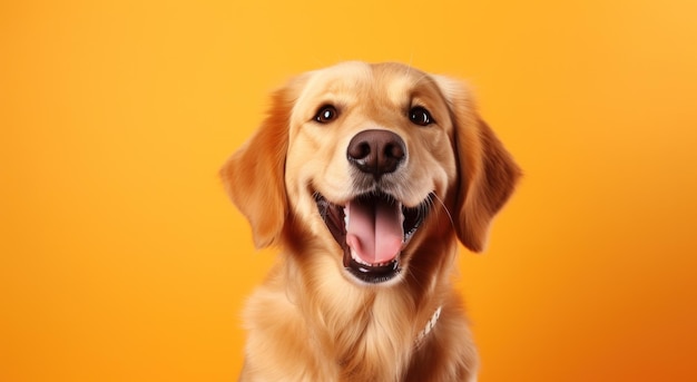 オレンジ色に隔離された背景の犬の笑顔