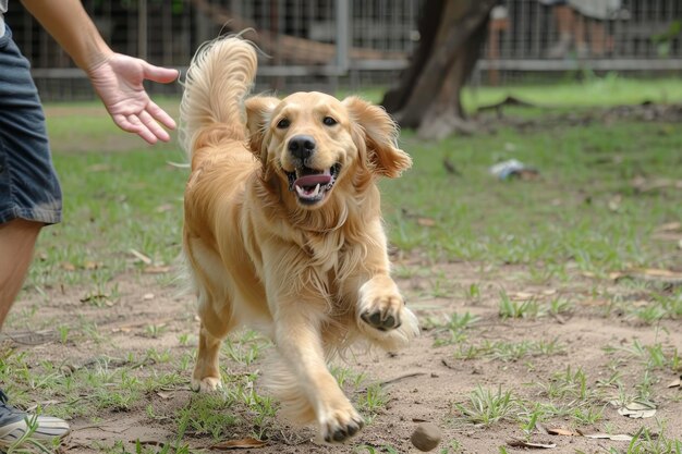 A dog smiling and wagging its tail while playing fetch with its owner