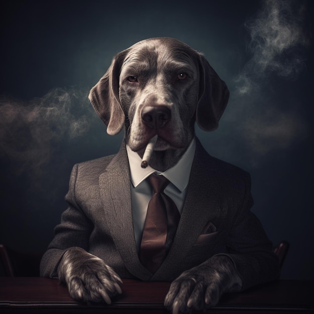 A dog smoking a cigarette wearing a suit and tie.