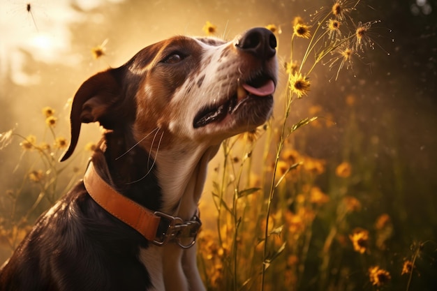 A dog sneezing with droplets visible in the air