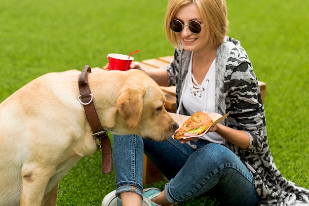 Собака нюхает еду, которую держит женщина