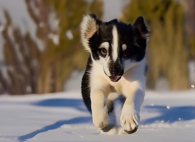 雪の中の犬と雪に覆われた風景の中を飛び回る元気な子犬