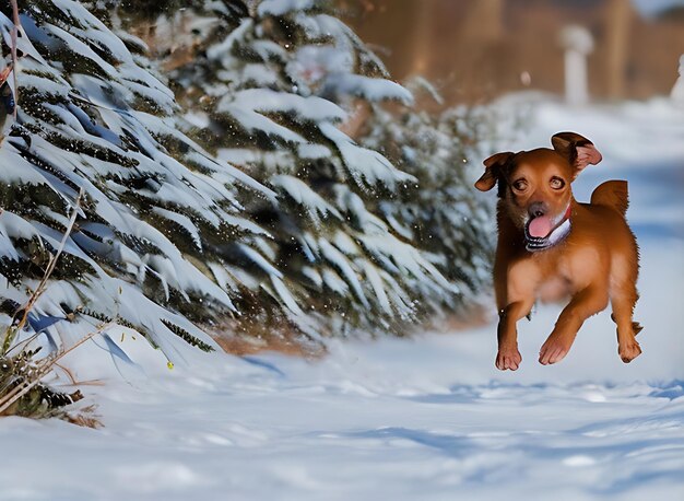 雪の中の犬と雪に覆われた風景の中を飛び回る元気な子犬