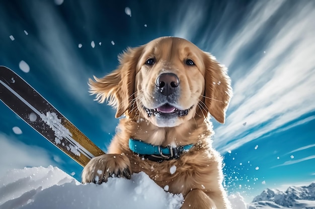 A dog in the snow with a blue collar