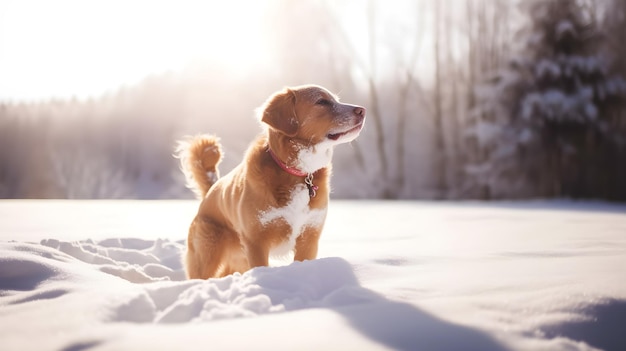 冬という文字が書かれた雪の中の犬