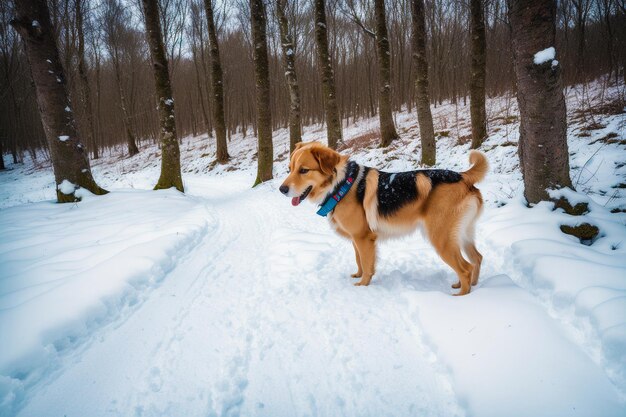 森の中の雪の中の犬