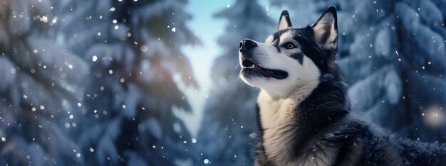 Dog during snowfall with blurred background with copy space