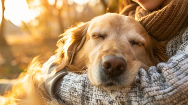 暖かい太陽の下で静かな午後の昼寝を楽しんでいる飼い主の隣に抱きしめられた犬