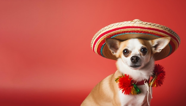 A dog in a sombrero on a red background