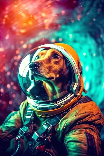 a dog in a space suit is wearing a space suit and a space suit