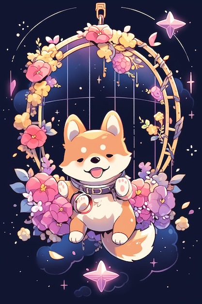 A dog in a space suit sits on a gold gate with flowers.