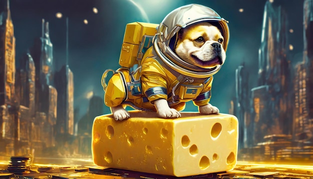 a dog in a space suit with a cheese on it