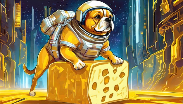 a dog in a space suit with a space suit on the back