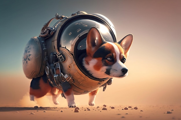 A dog in a space suit with a space suit on it.