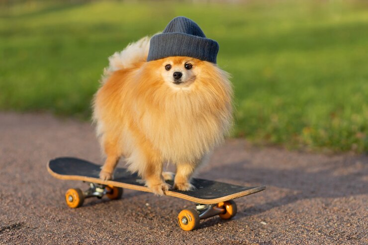 Dog and sports. Cool  Pomeranian in hat riding in skateboard, looks at the camera.
