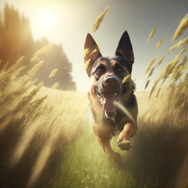 A dog sprinting through a tall grass field with an anamorphic lens flare captured in 8K resolution Generative Ai