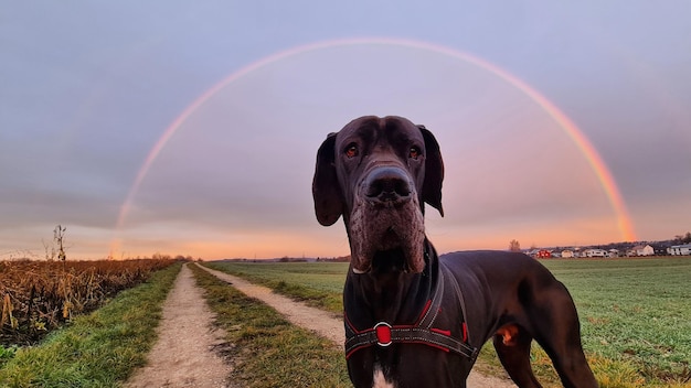 Foto cane in piedi sul campo contro il cielo